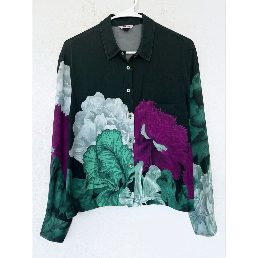 THE KIT. Zoe Shirt Women L Ocean Iris Floral Button-Up Blouse Long Sleeve